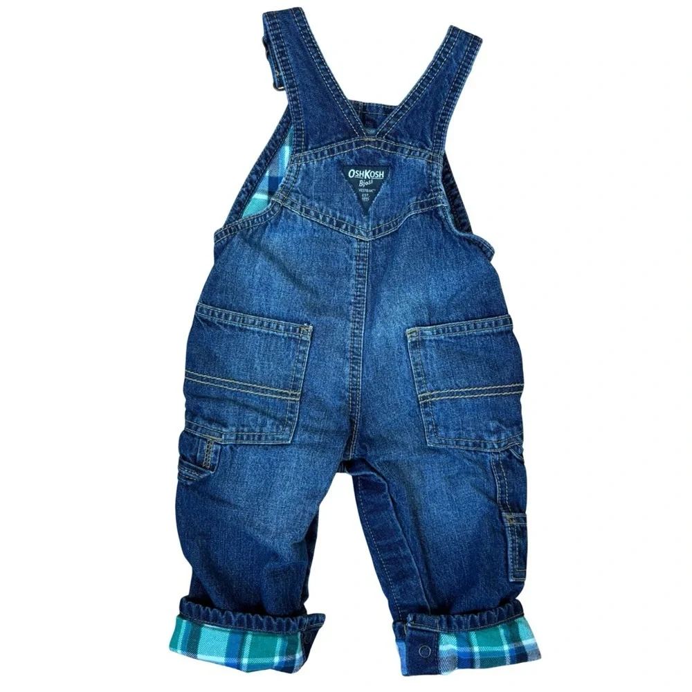 OshKosh B'Gosh Denim Bib Overalls‎ Vestbak Size 9 Mos. Plaid Flannel Lining Blue